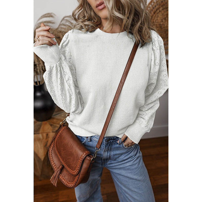 Textured Patchwork Round Neck Long Sleeve Top