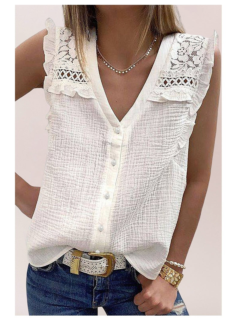 European And American Summer Lace Versatile Sleeveless Ruffled V-neck Single Breasted Shirt