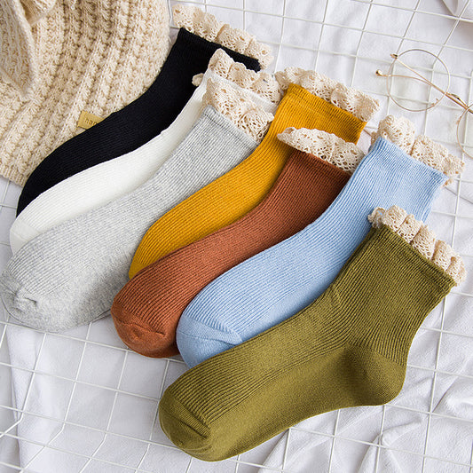Female Lace Sweet Cotton Mid-tube Socks Solid Color All-match Casual