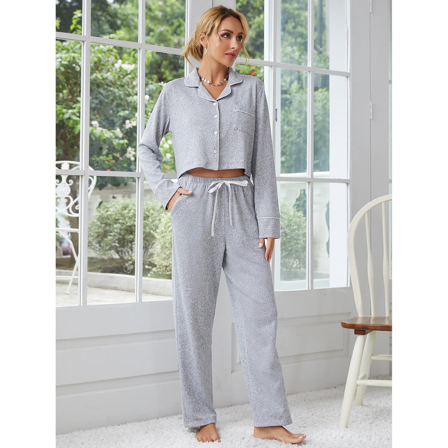 Women's Thickened Long-sleeved Cardigan Trousers Two-piece Set