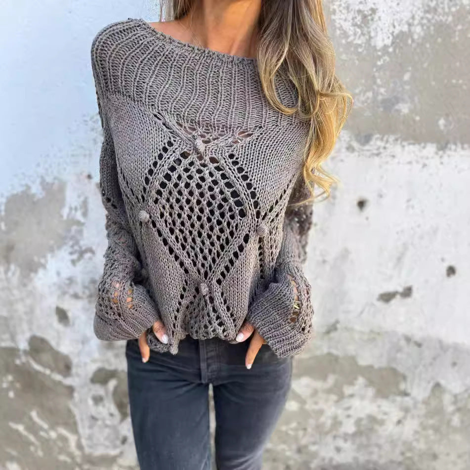 European And American Leisure Loose Hollow Out Sweater Round Neck Knitted Top