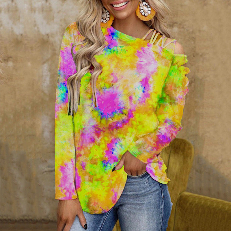 Tie-Dye Printed Long-Sleeved Off-Shoulder Sexy Casual Loose T-Shirt