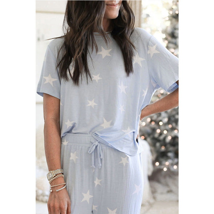 European And American Women's Printed Short-sleeved Two-piece Home Wear Pajamas