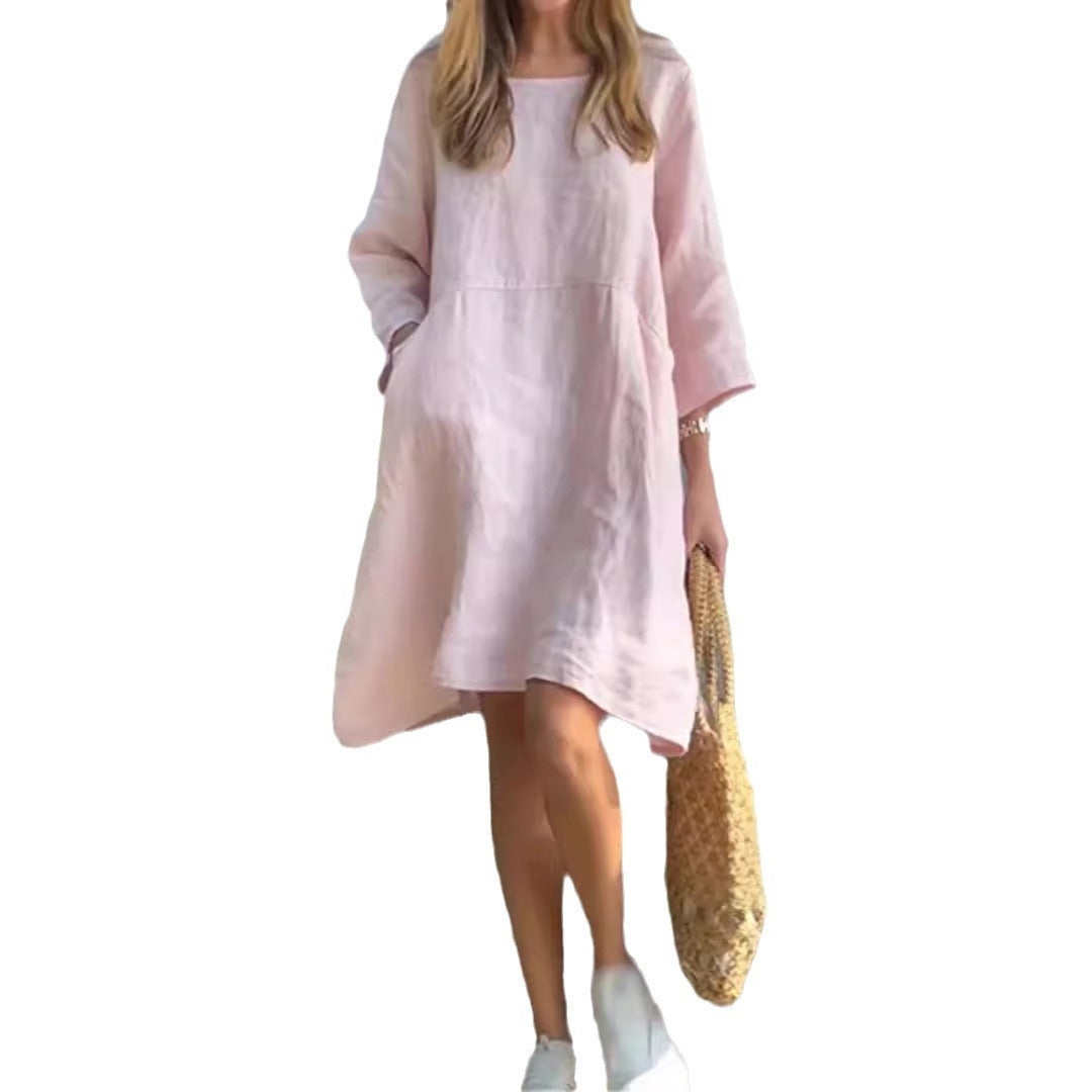 Women's Cute Solid Color Loose Casual Pocket Cotton Linen Dress