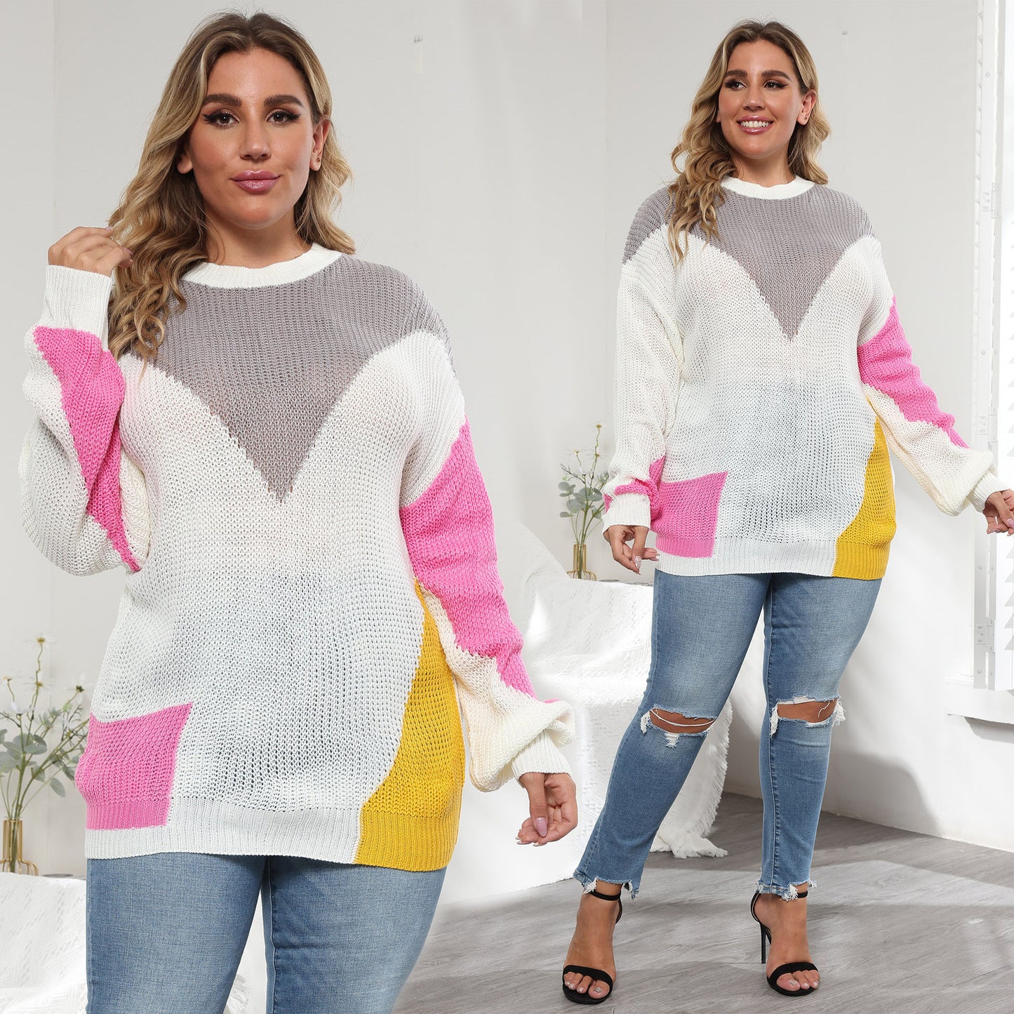 Women's Plus Size Contrast Stitching Pullover Sweater