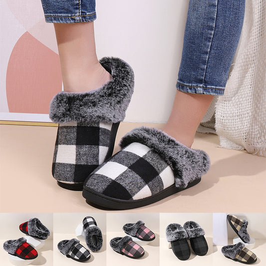 Winter Warm Plaid Plush Slippers Home Indoor Non-slip Bedroom Floor Soft Fuzzy Slipper For Couple Fashion Solid House Shoes