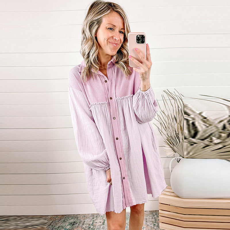 Thin Patchwork Pleated Long Sleeve Shirt Dress