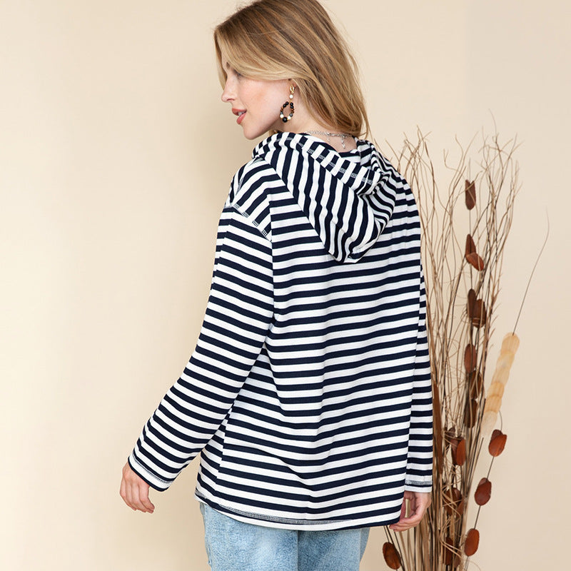 Shiying Striped Hooded Sweater Women's Autumn Fashion Loose-fitting Long Sleeves Top