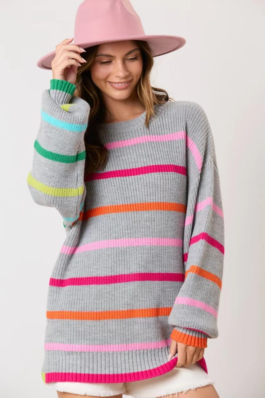 Contrast Color Striped Round Neck Top Long Sleeve Knitted Sweater