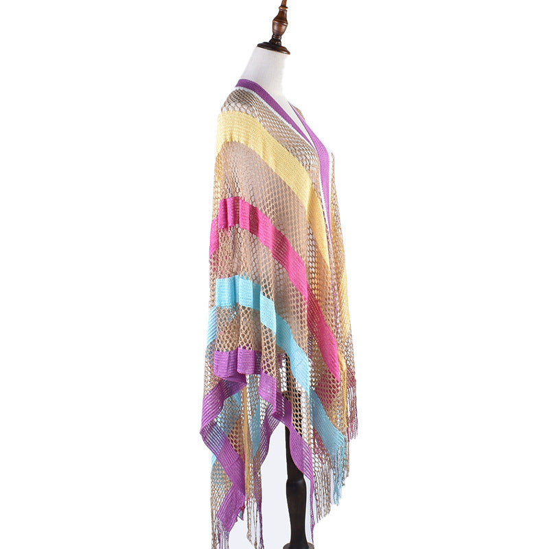 New Korean Style Cutout Long Silk Color Striped Knitted Sunscreen Shawl Thin