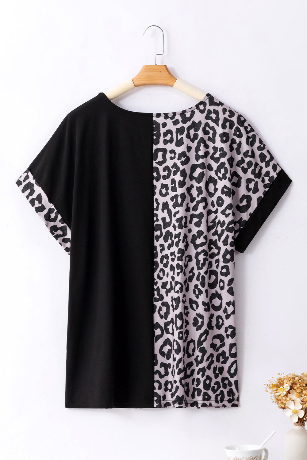 Black Half Leopard Patchwork Plus Size T-shirt