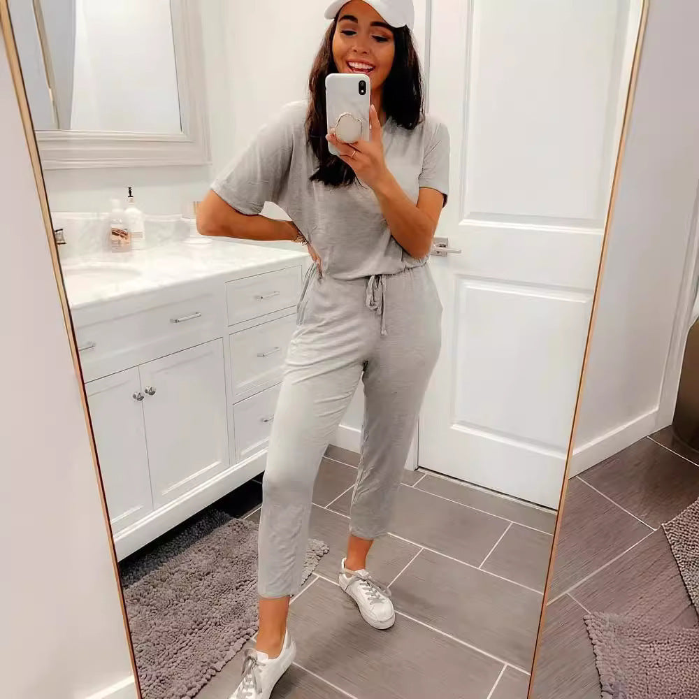 Casual And Comfortable Loose High Waist Short Sleeve Jumpsuit