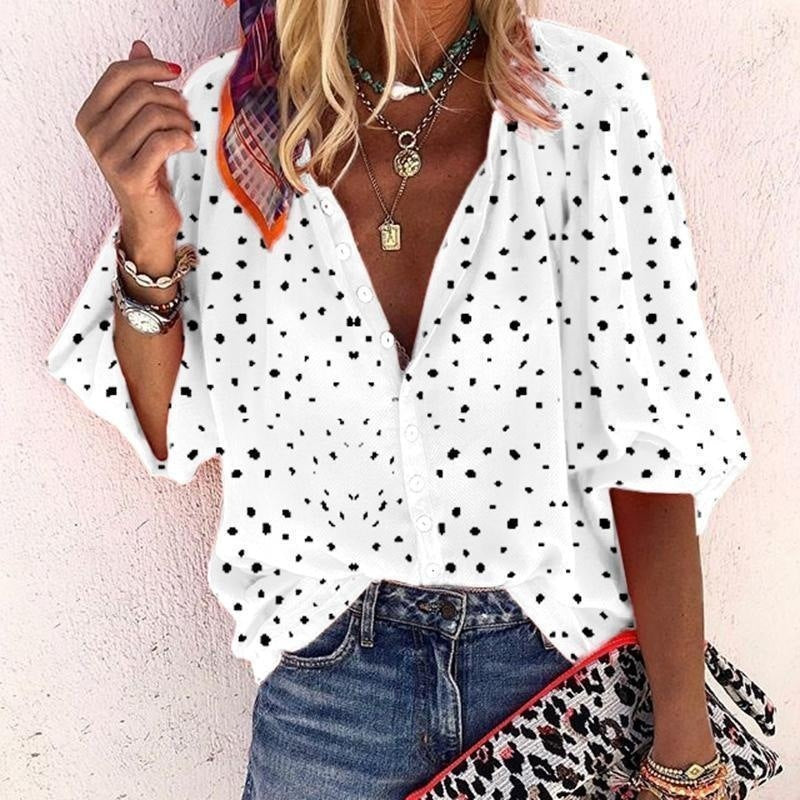 Printed Long Sleeve V-neck Button Ladies Blouse Women