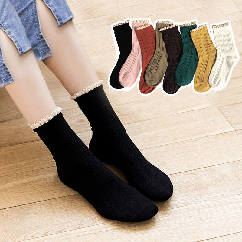 Sweat-absorbent Breathable Preppy Style Lace Mid-calf Socks