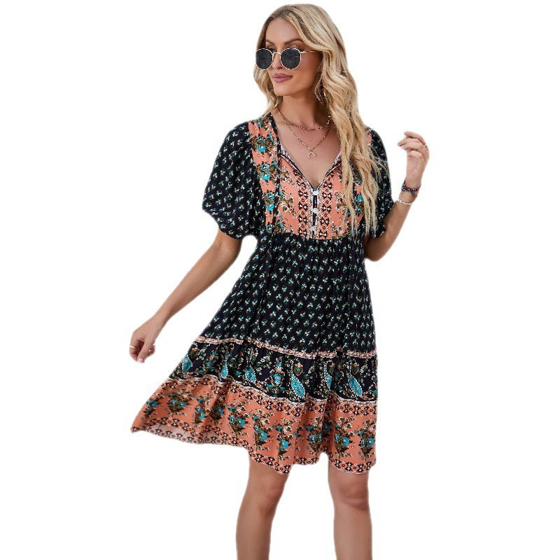 Colored Printing Short Sleeve Dress Women