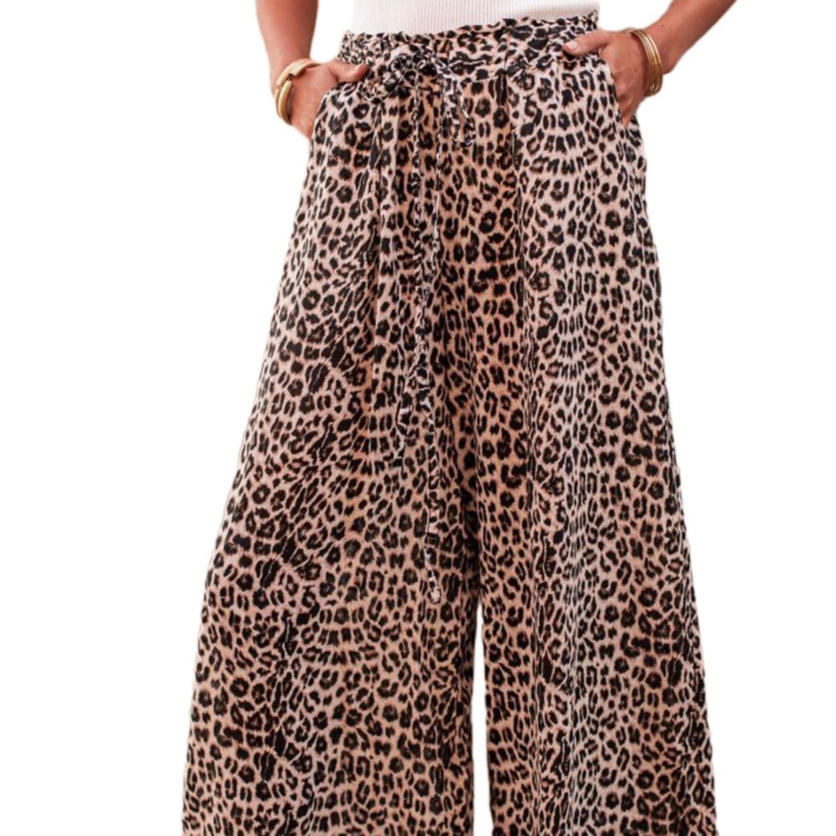 Simple Leopard Print Printed Pocket Wide Leg Trousers