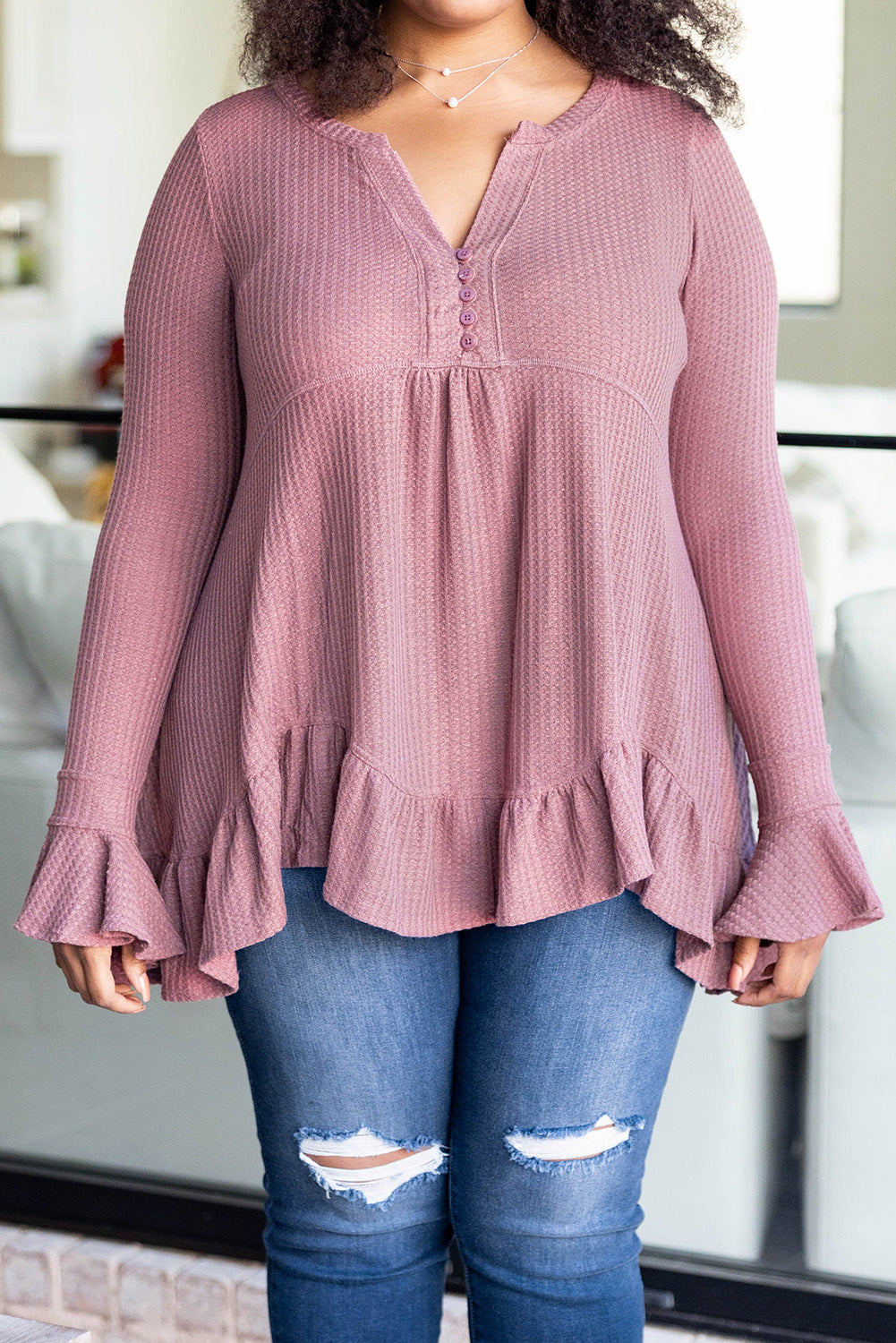 Pink Plus Size Ruffled Waffle Knit Babydoll Top