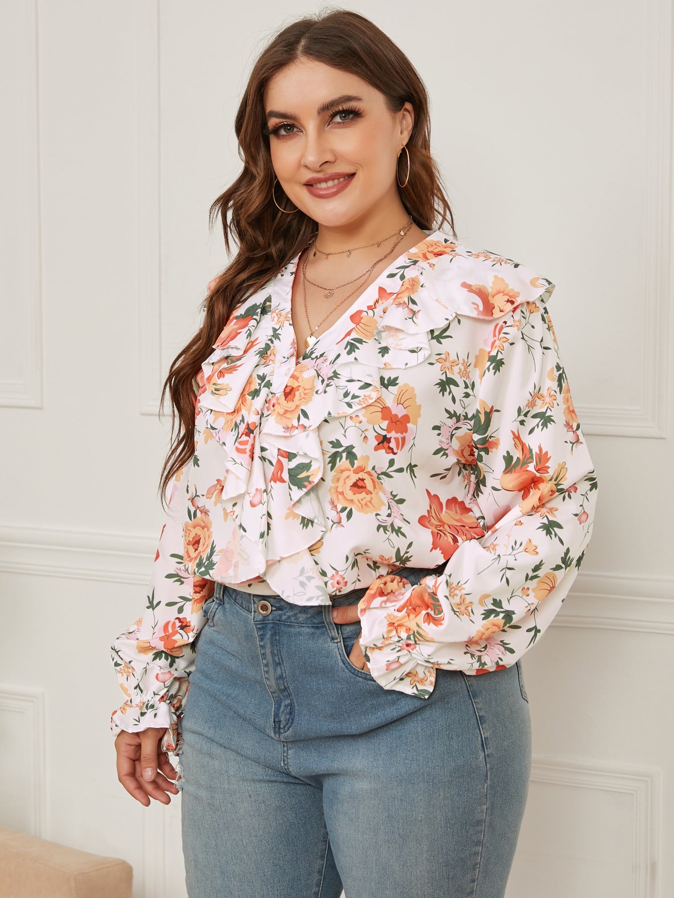 European And American Plus Size Women's Printed Ruffled Loose V-neck Shirt