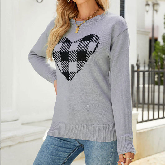 Women's Loose Sweater Round Neck Fashion Pullover Plaid Love Sweater Women