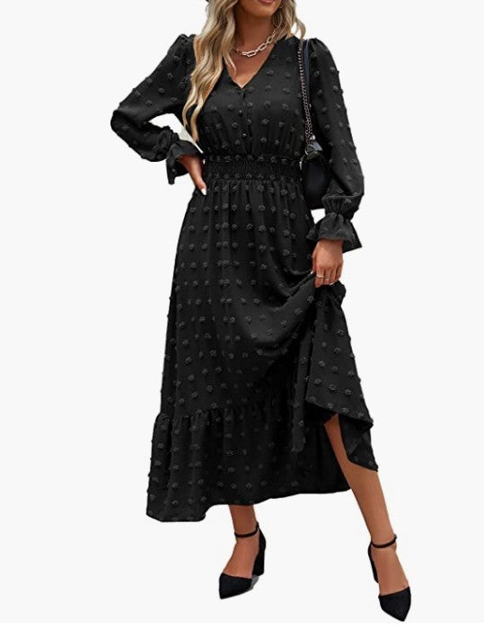 Women's Solid Textured Long sleeved boho style dress