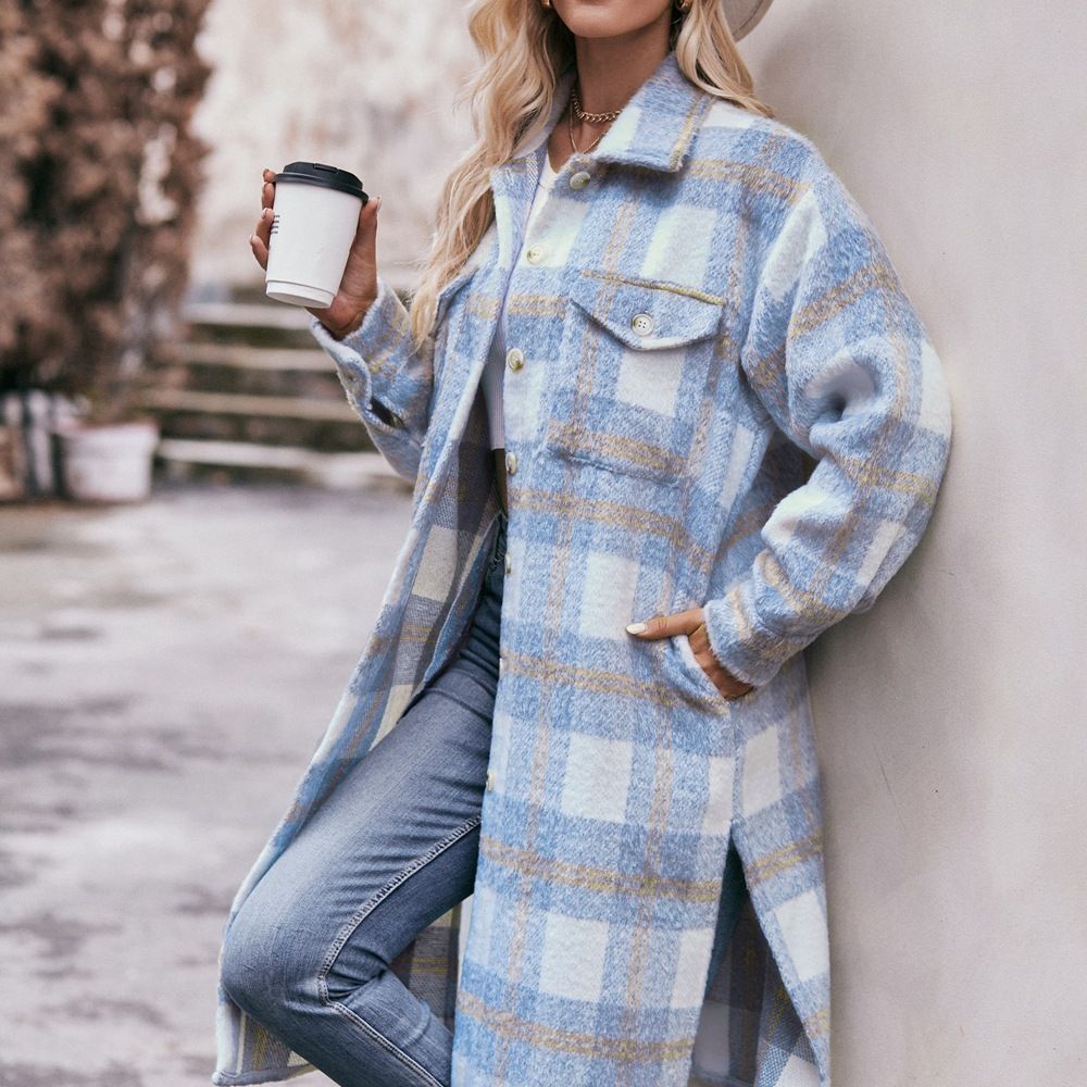 Printed Checks Mid-length Coat Mohair Plaid Wool Coat