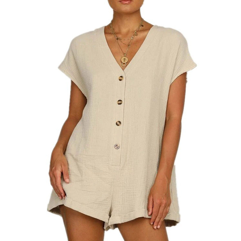European And American Fashion Button V-neck Loose Short Sleeve One-piece