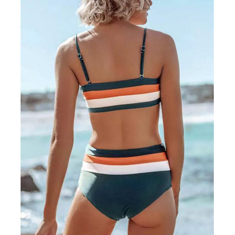 Women's Striped Contrast Color Swimsuit With Shoulder Straps Suit