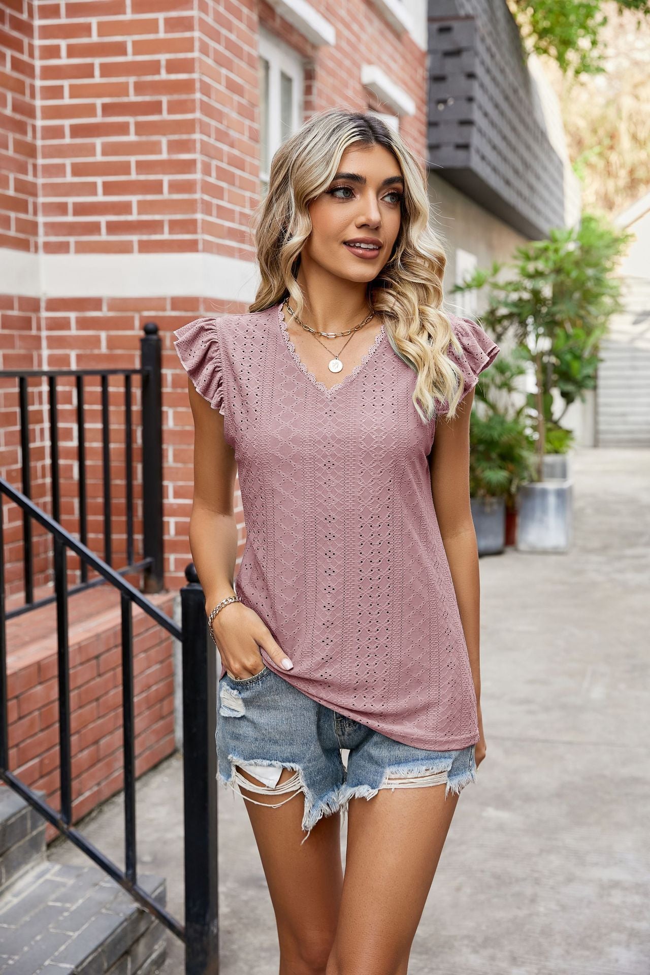 European And American V-neck T-shirt Hole Hollow-out Short-sleeved Casual Top