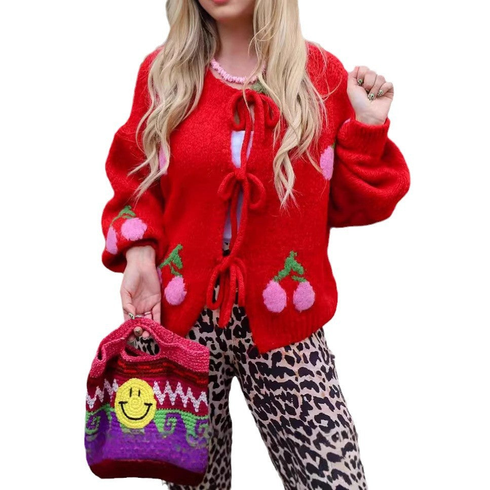 Cherry Embroidered Jacquard Cardigan Sweater For Women