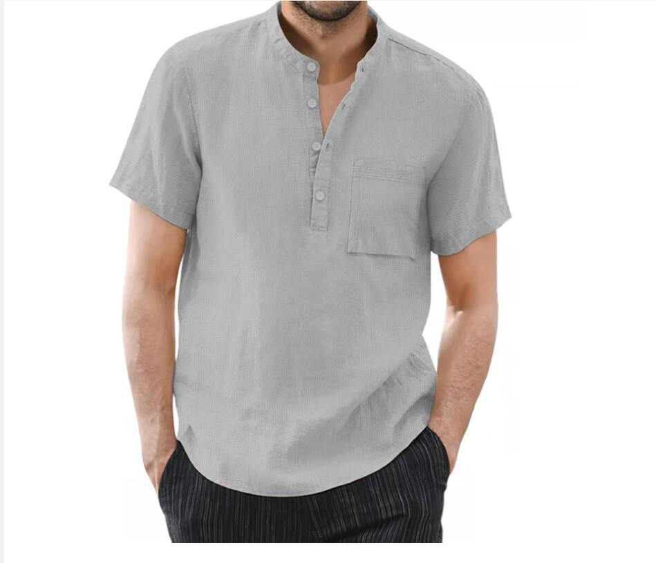 Men's Trendy Stand Collar Cotton Linen Short Sleeve