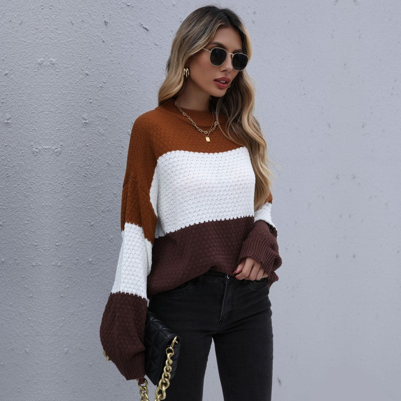 Loose Color Matching Knitwear Round Neck Lazy Young Pullover Sweater