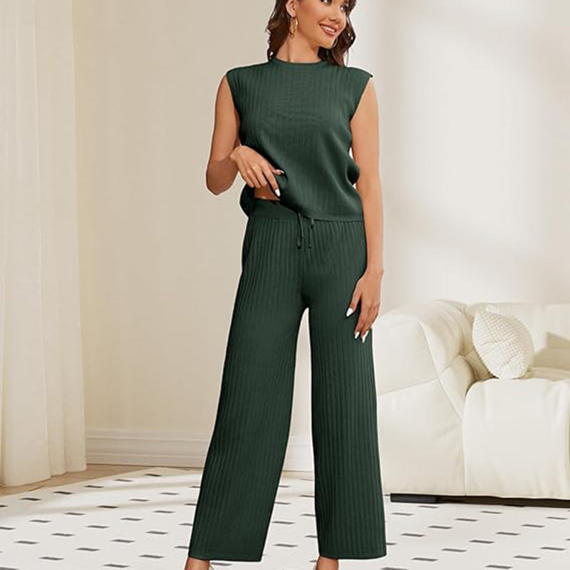 Women's Sweater Suit Sleeveless Top High-waisted Trousers