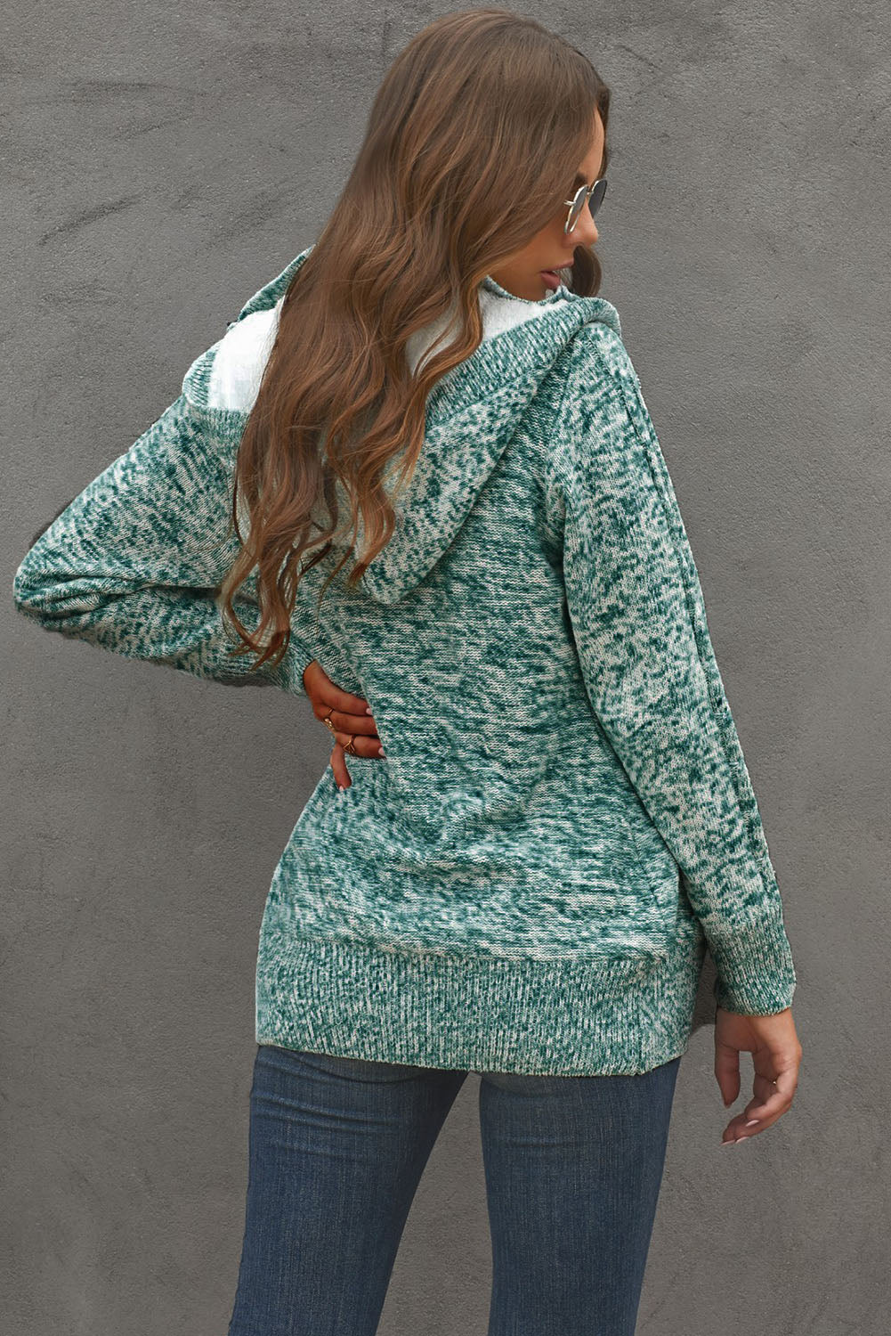 Green Long Sleeve Button-up Hooded Cardigans