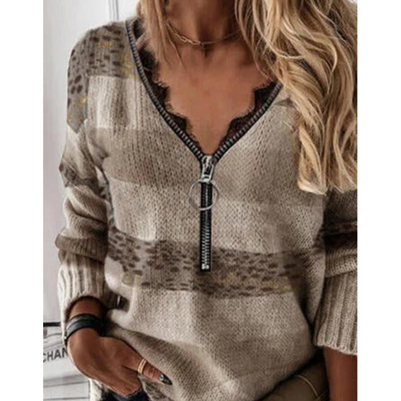 Autumn And Winter Stitching Striped Sweater Top