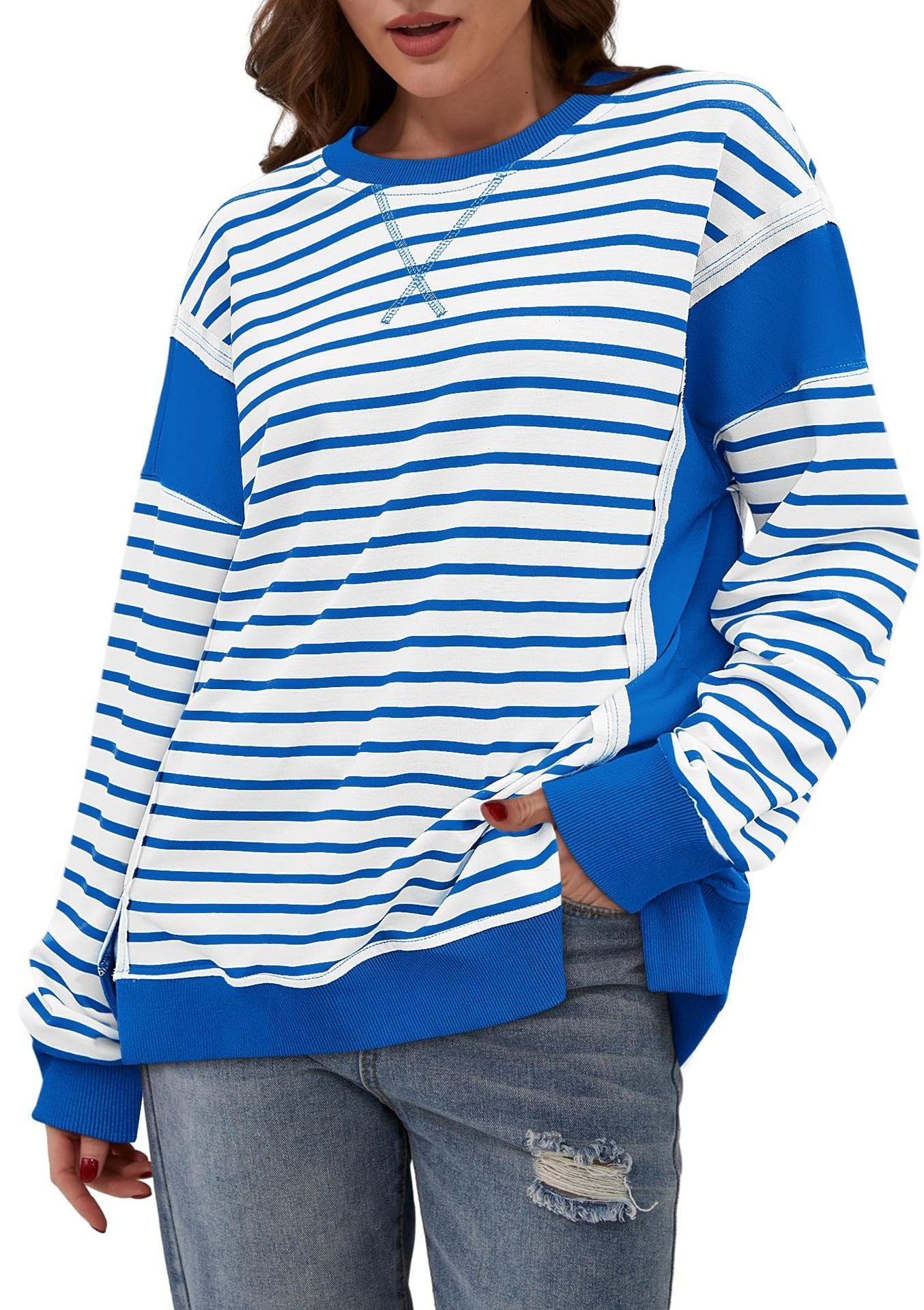 Color Matching Sweatshirt Striped Color Contrast Long Sleeve T-shirt