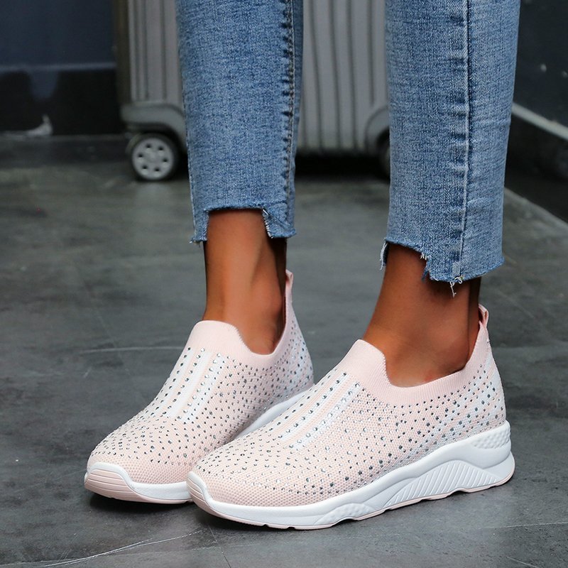 Rhinestone Elastic Foot Knit Casual Shoes Women