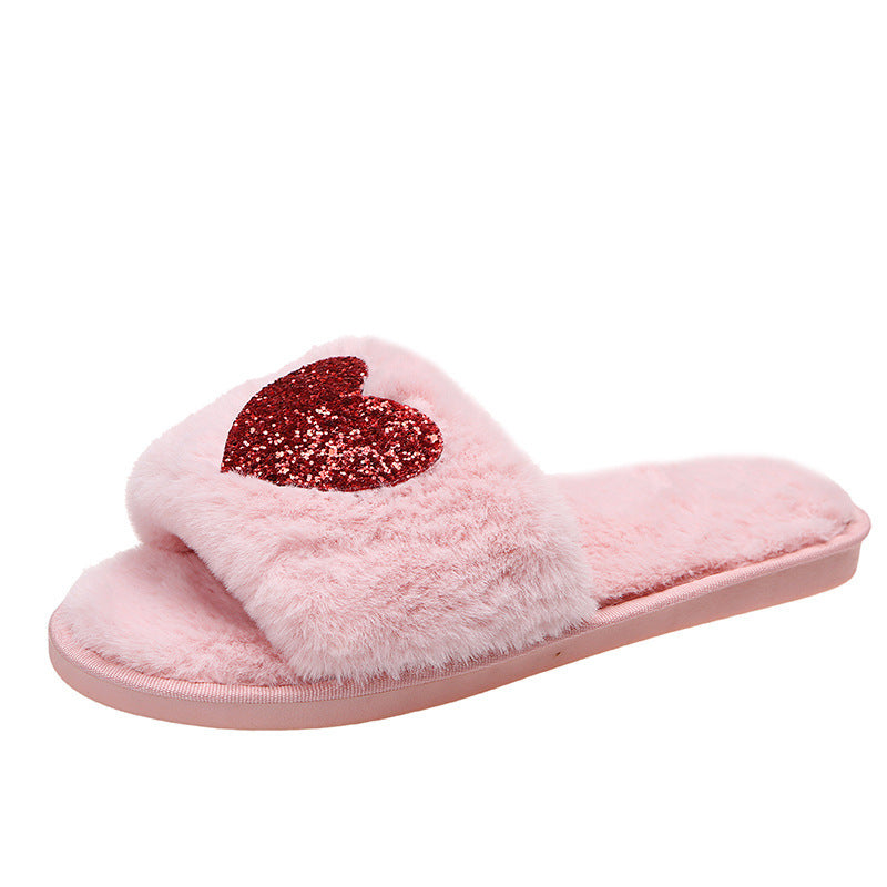 Love Sequin Slippers Winter Indoor Home Shoes Woemen Bedroom Slippers