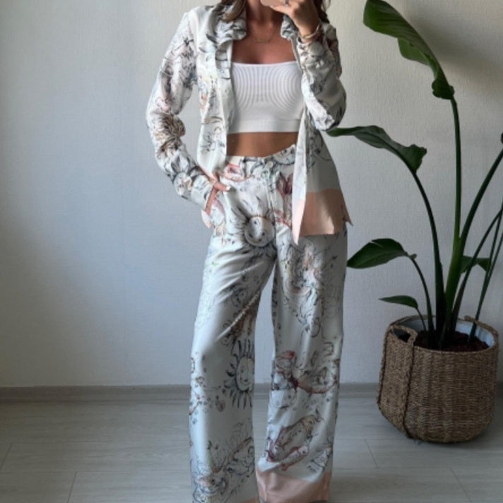 Printed Long-sleeved Top Wide Leg Pants Two-piece Set