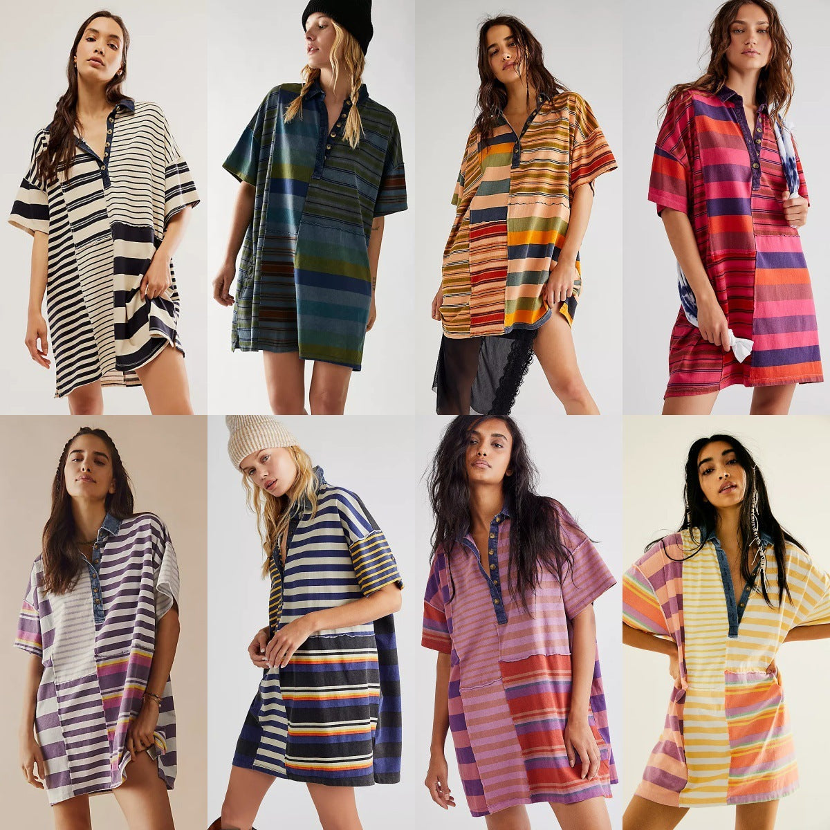 Women's Mid-sleeve Lapel Contrast Color Striped Loose Casual Dress