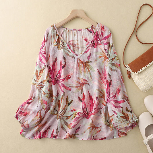 Casual All-match Lantern Sleeve V-neck Printed Sweet Style Blouse