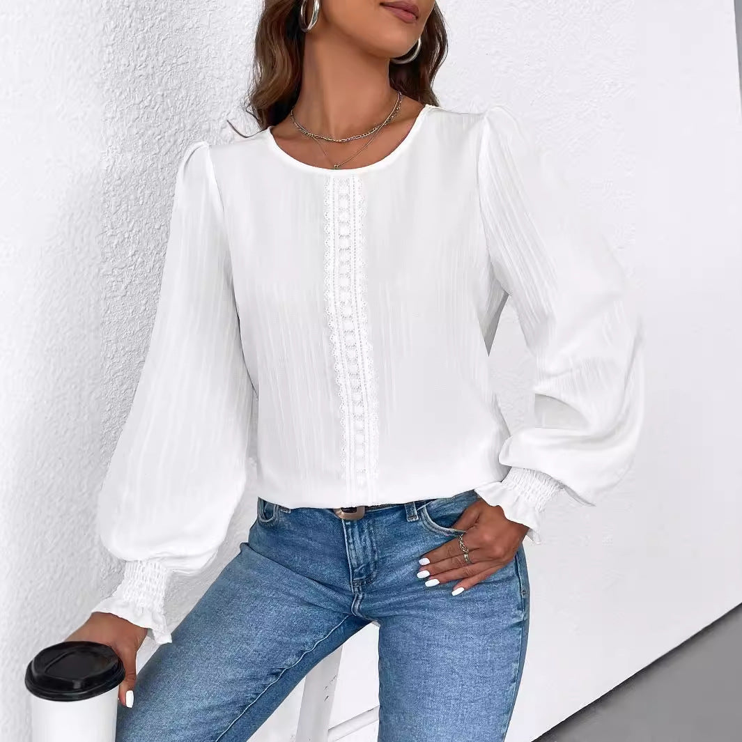 Long Sleeve Round Neck Lace Welt Versatile Slimming Top