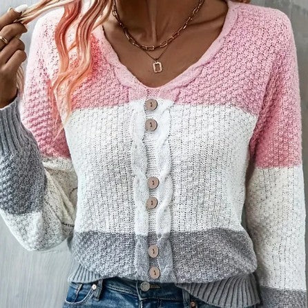 V-neck Long Sleeve Fake Button Colored Pullover Knitwear Top