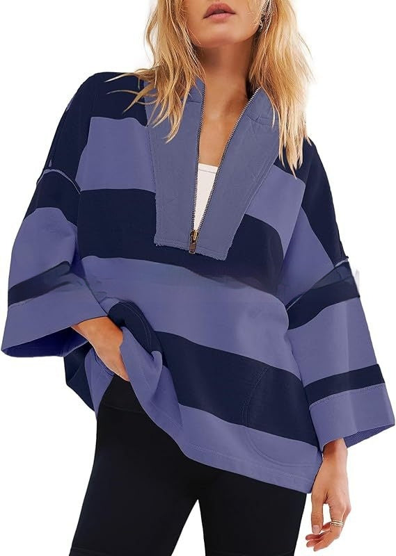 Women's Oversized Striped Shirt Half Zip Sweatshirt Color Matching