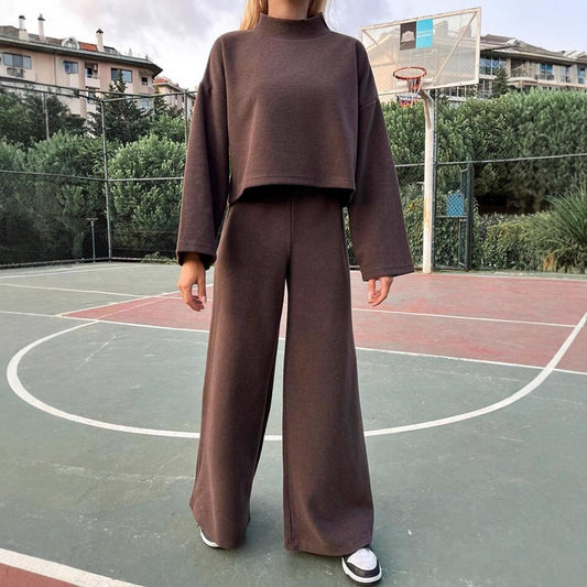 Casual Laid-back Style Knitted Long-sleeved Top Loose Comfortable Trousers Suit