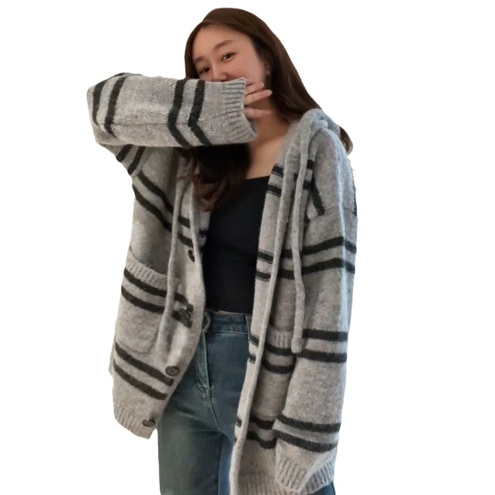 Fall Winter Hooded Striped Knitted Cardigan Women's Top Loose And Lazy Style Coat