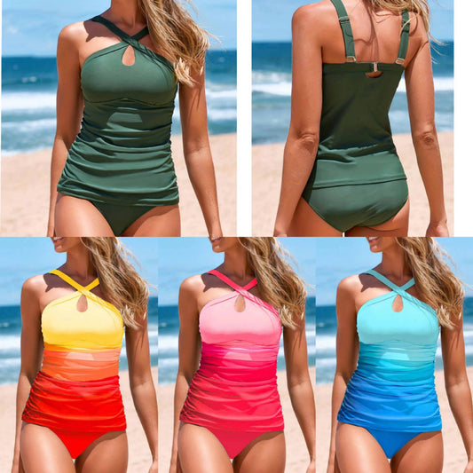 Simple Contrast Color Cross Strap Heap Pleated Slimming Swimsuit