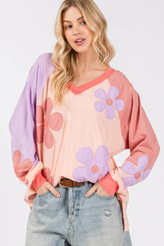 SAGE  FIG Full Size  Applique Patch Color Block Long Sleeve Top