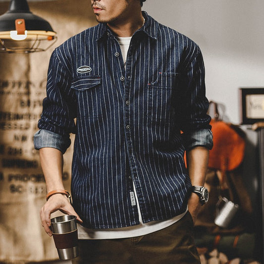 American-style Heavy Striped Denim Shirt Men's Long Sleeve