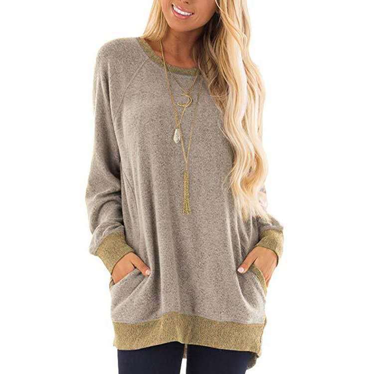 Contrast Pocket Sweater Long Sleeve Round Neck Pullover Sweatshirt Casual