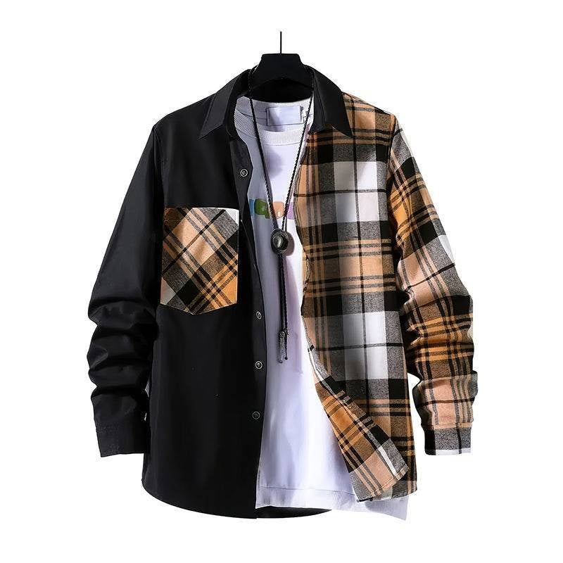 Spring Style Color-contrast Check Pocket Plaid Long Sleeve Shit Jacket